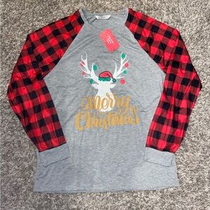 PatPat Christmas Reindeer Merry Christmas Plaid Long Sleeve Pajama Tee